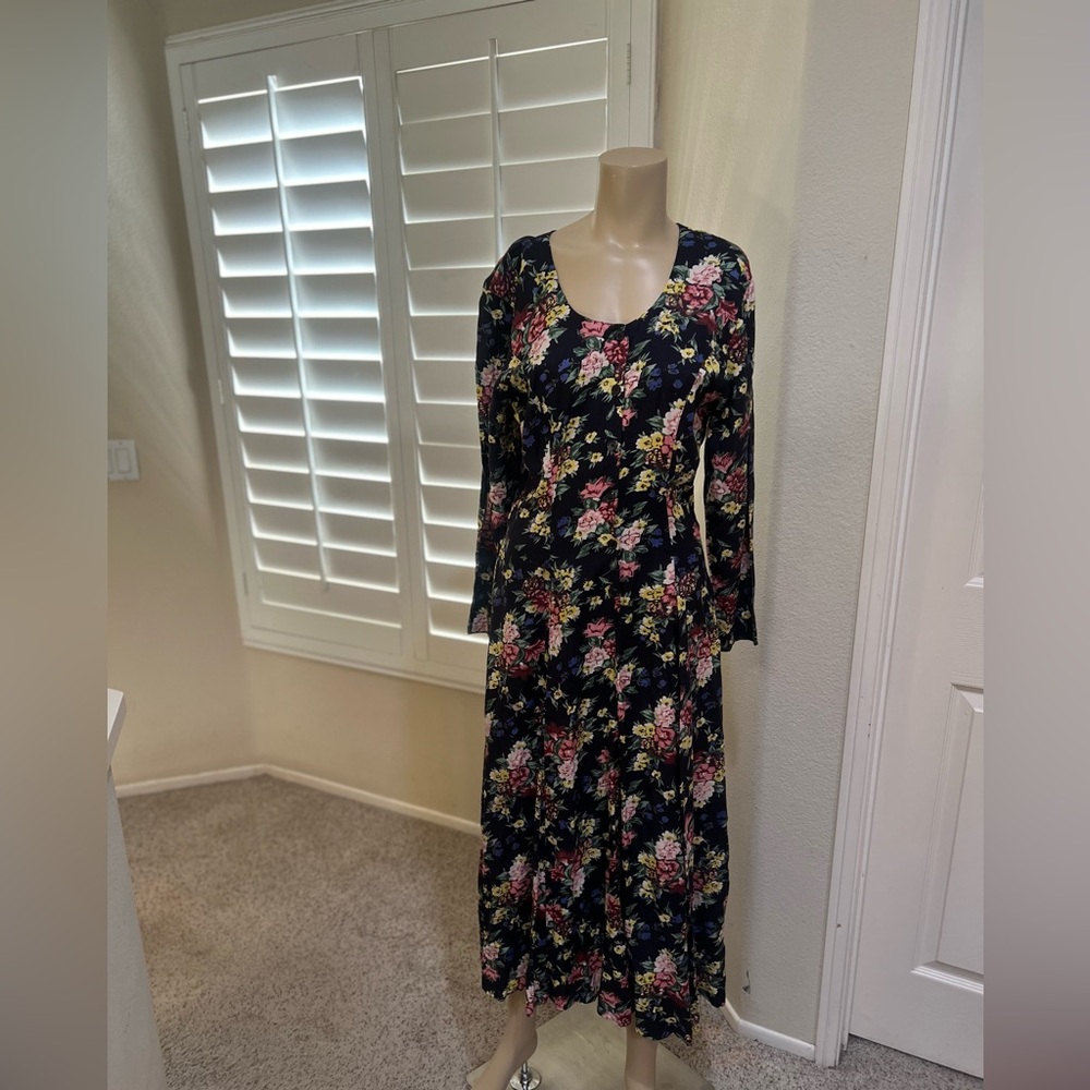 Vintage 80s Black Floral Dress Cottage Core Garden Tea‎ Party Modest Size 6